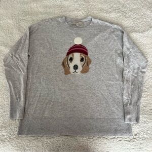LOFT Gray Crewneck Sweater with Dog in Striped Beanie